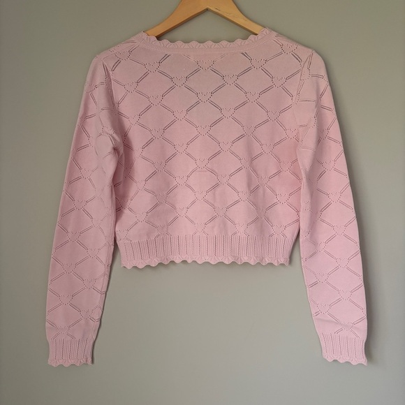 NWT LoveShackFancy Petra Knit Pointelle Heart Argyle Cardigan Velour Pink | S - Picture 8 of 11